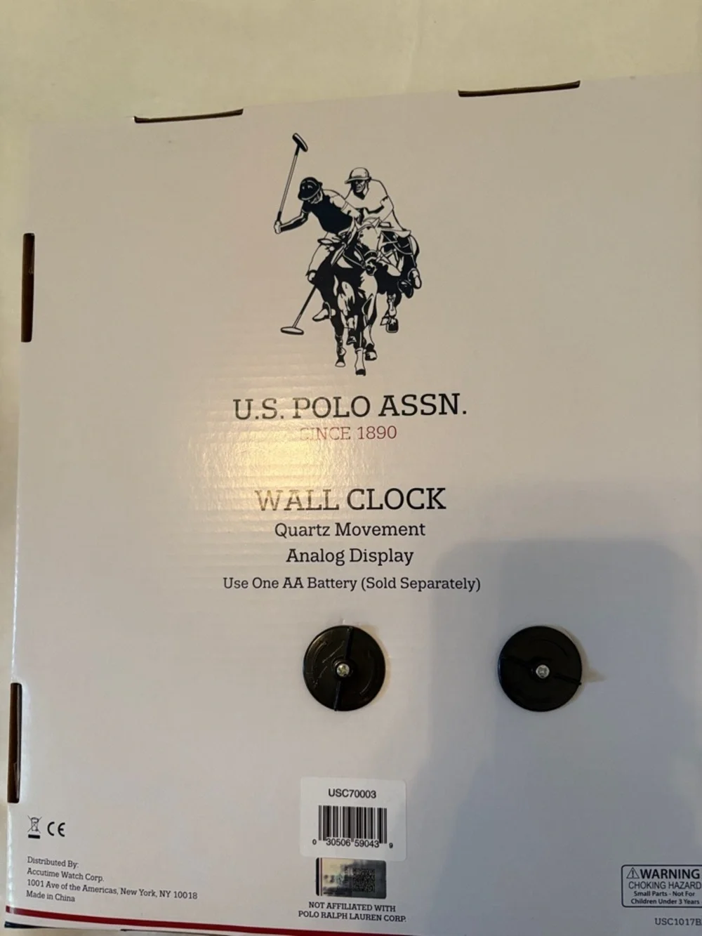 U.S. POLO ASSN. WALL CLOCK BATTERY OPERATED. NEW INBOX.